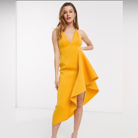 ASOS DESIGN plunge side pep hem midi dress in mustard - Picture 1 of 6